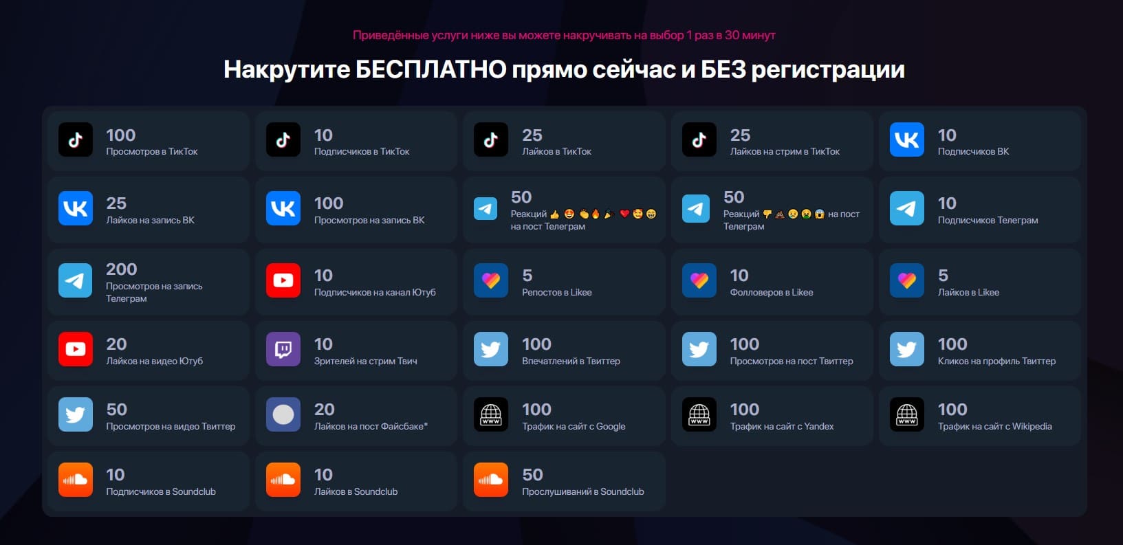 Список доступных услуг для накрутки